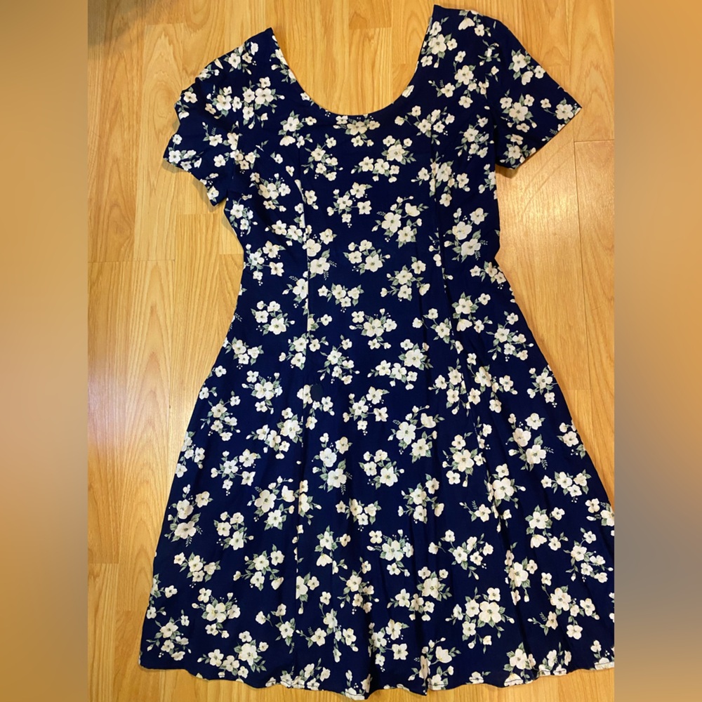 Floral Fit-and-Flare Dress in Navy Blue
